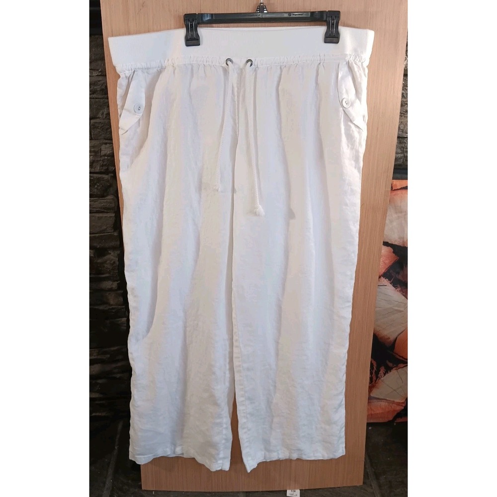 London Jean XL Womens White Linen Pull-on Pants Wide Leg High Rise Drawstring